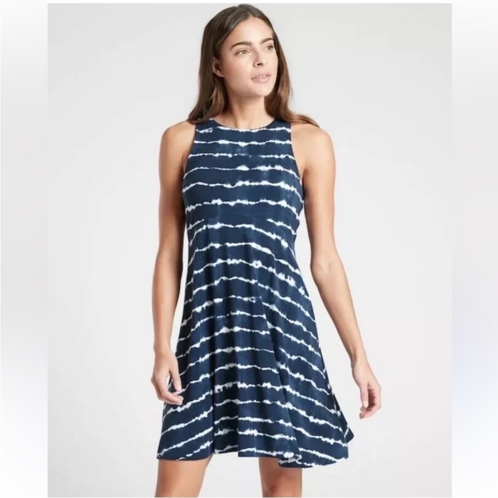 Athleta Santorin Thera Summer Sun Dress Tie Dye Navy Blue White Size Small